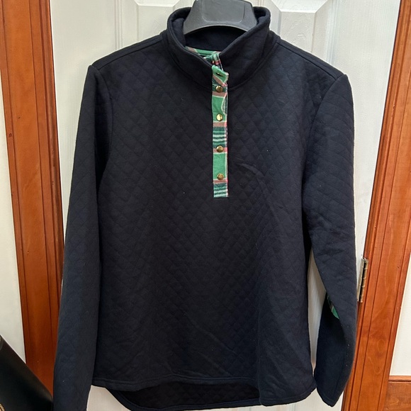 Top it Off EUC SZ MEDIUM NAVY POPOVER JACKET.3/4 snap with plaid edging. - Picture 1 of 4